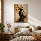 A textured painting of Lady Justice, blindfolded and holding balanced scales in one hand and a sword in the other, rendered in dark and golden tones with a flowing gown, symbolizing fairness and law in a classic justice theme.