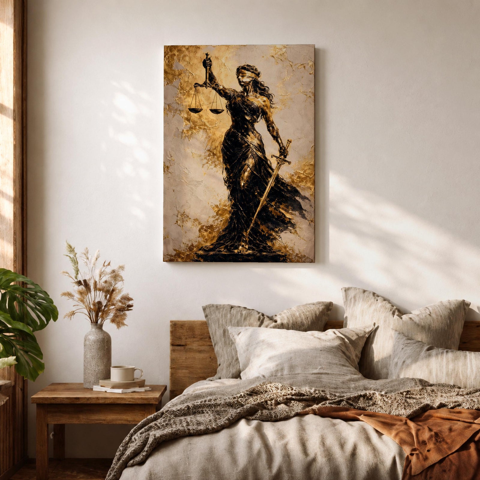 A textured painting of Lady Justice, blindfolded and holding balanced scales in one hand and a sword in the other, rendered in dark and golden tones with a flowing gown, symbolizing fairness and law in a classic justice theme.