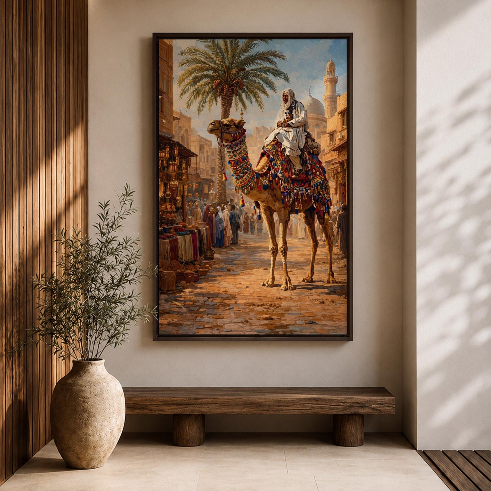 A detailed painting of a Bedouin camel rider dressed in traditional white robes atop a camel adorned with colorful textiles, set in a bustling Middle Eastern market street with palm trees and historic buildings under a bright sky, capturing cultural life in a realistic style.