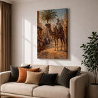 A detailed painting of a Bedouin camel rider dressed in traditional white robes atop a camel adorned with colorful textiles, set in a bustling Middle Eastern market street with palm trees and historic buildings under a bright sky, capturing cultural life in a realistic style.