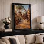 A detailed painting of a Bedouin camel rider dressed in traditional white robes atop a camel adorned with colorful textiles, set in a bustling Middle Eastern market street with palm trees and historic buildings under a bright sky, capturing cultural life in a realistic style.