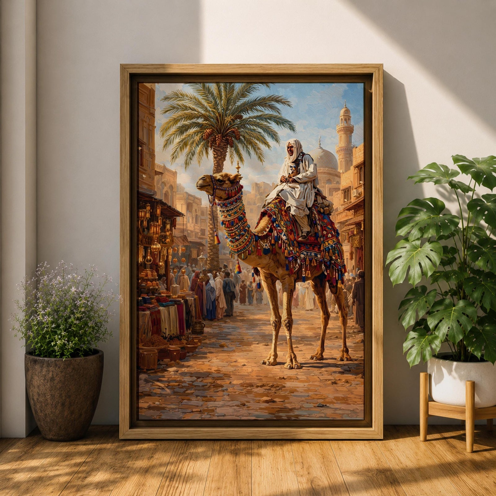 A detailed painting of a Bedouin camel rider dressed in traditional white robes atop a camel adorned with colorful textiles, set in a bustling Middle Eastern market street with palm trees and historic buildings under a bright sky, capturing cultural life in a realistic style.