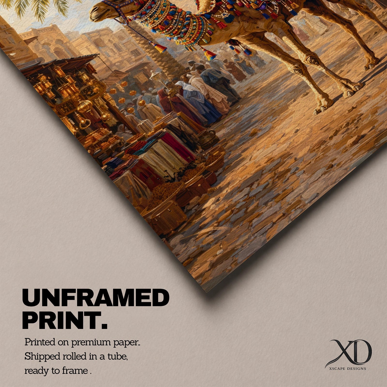 A detailed painting of a Bedouin camel rider dressed in traditional white robes atop a camel adorned with colorful textiles, set in a bustling Middle Eastern market street with palm trees and historic buildings under a bright sky, capturing cultural life in a realistic style.