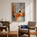 An abstract impressionistic painting of Al Masjid Nabawi in Madinah, featuring the iconic green dome and tall minarets rising above a reflective courtyard, rendered with textured brushstrokes and blended tones of gold, gray, and white, capturing movement, light, and architectural form in a modern expressive style.