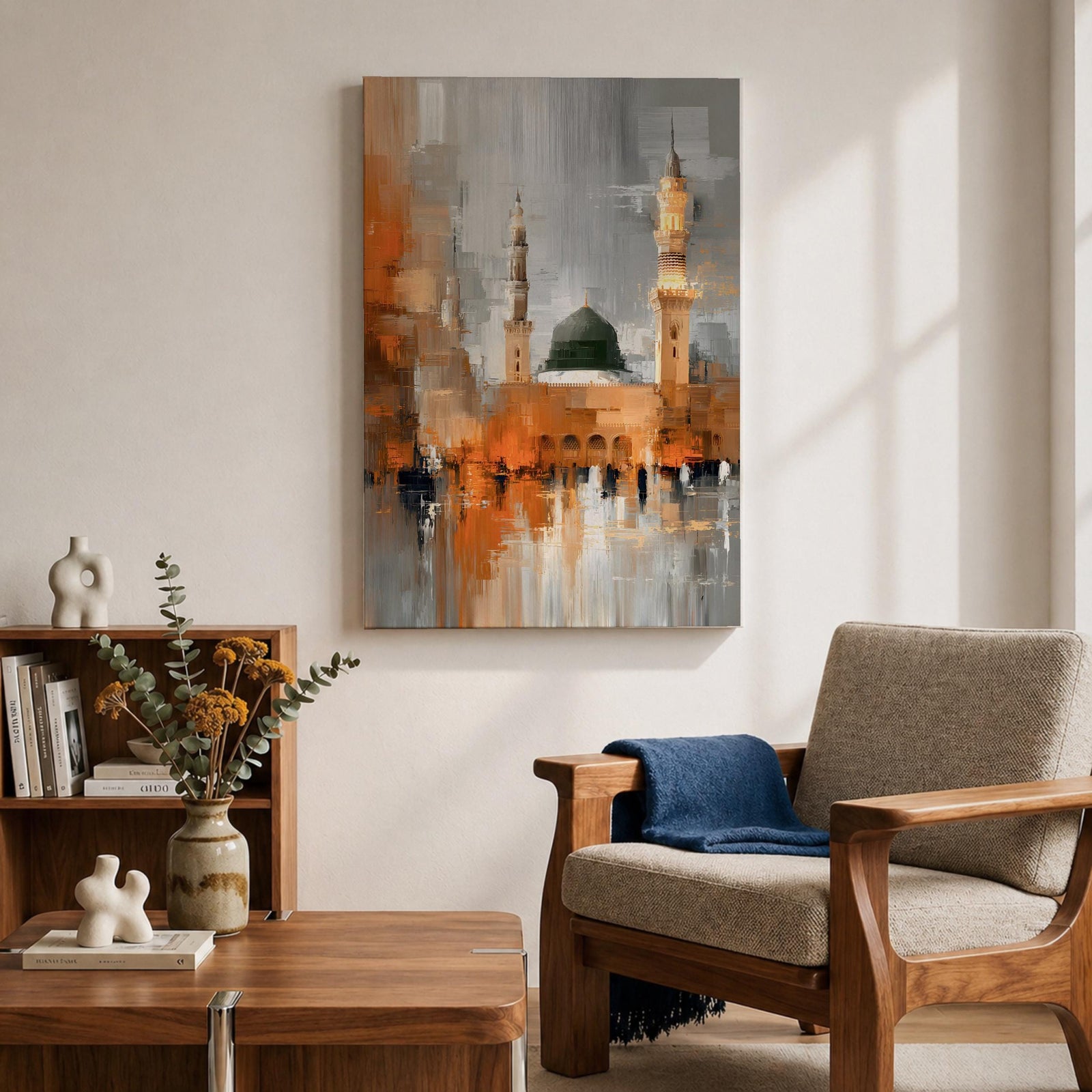 An abstract impressionistic painting of Al Masjid Nabawi in Madinah, featuring the iconic green dome and tall minarets rising above a reflective courtyard, rendered with textured brushstrokes and blended tones of gold, gray, and white, capturing movement, light, and architectural form in a modern expressive style.