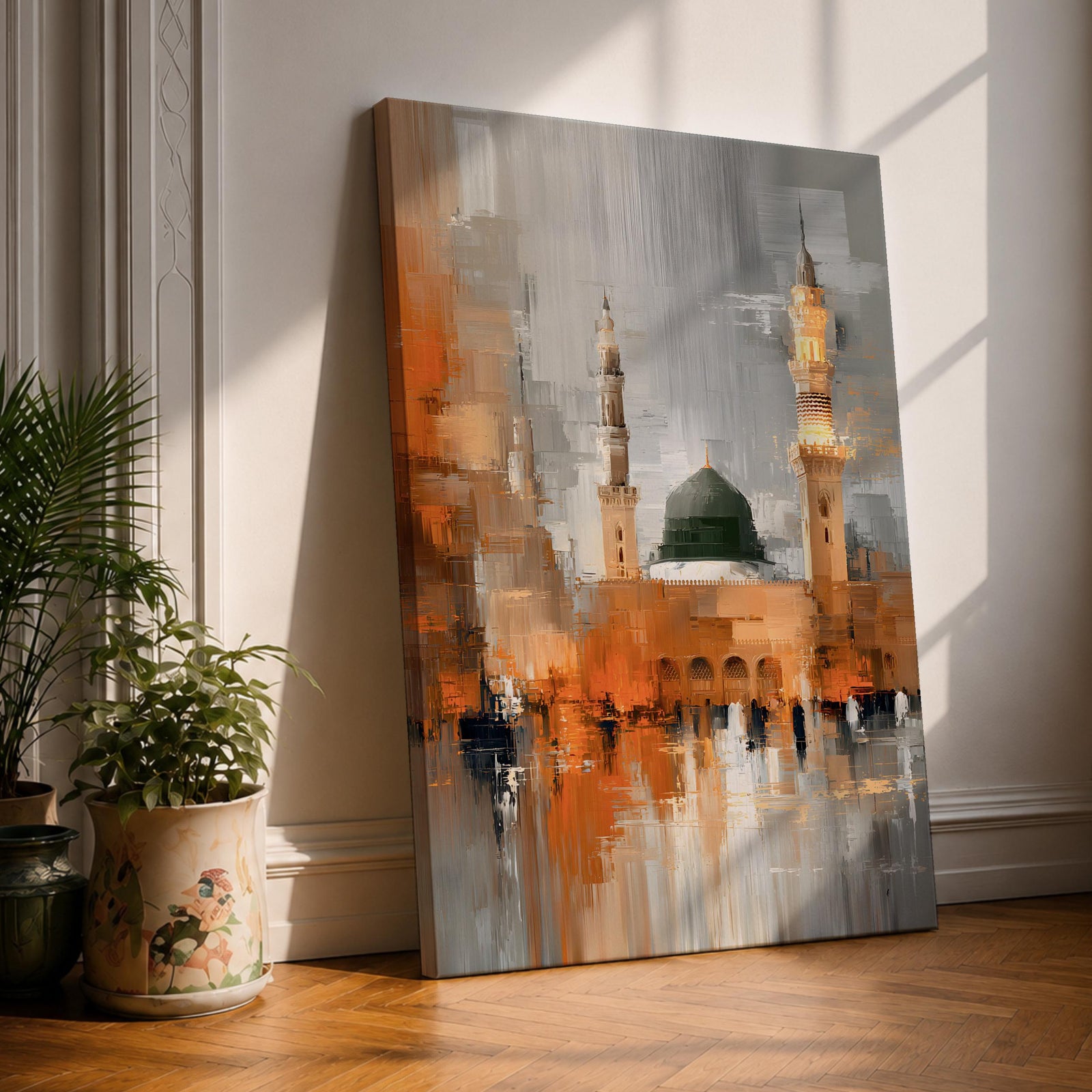 An abstract impressionistic painting of Al Masjid Nabawi in Madinah, featuring the iconic green dome and tall minarets rising above a reflective courtyard, rendered with textured brushstrokes and blended tones of gold, gray, and white, capturing movement, light, and architectural form in a modern expressive style.