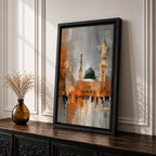 An abstract impressionistic painting of Al Masjid Nabawi in Madinah, featuring the iconic green dome and tall minarets rising above a reflective courtyard, rendered with textured brushstrokes and blended tones of gold, gray, and white, capturing movement, light, and architectural form in a modern expressive style.