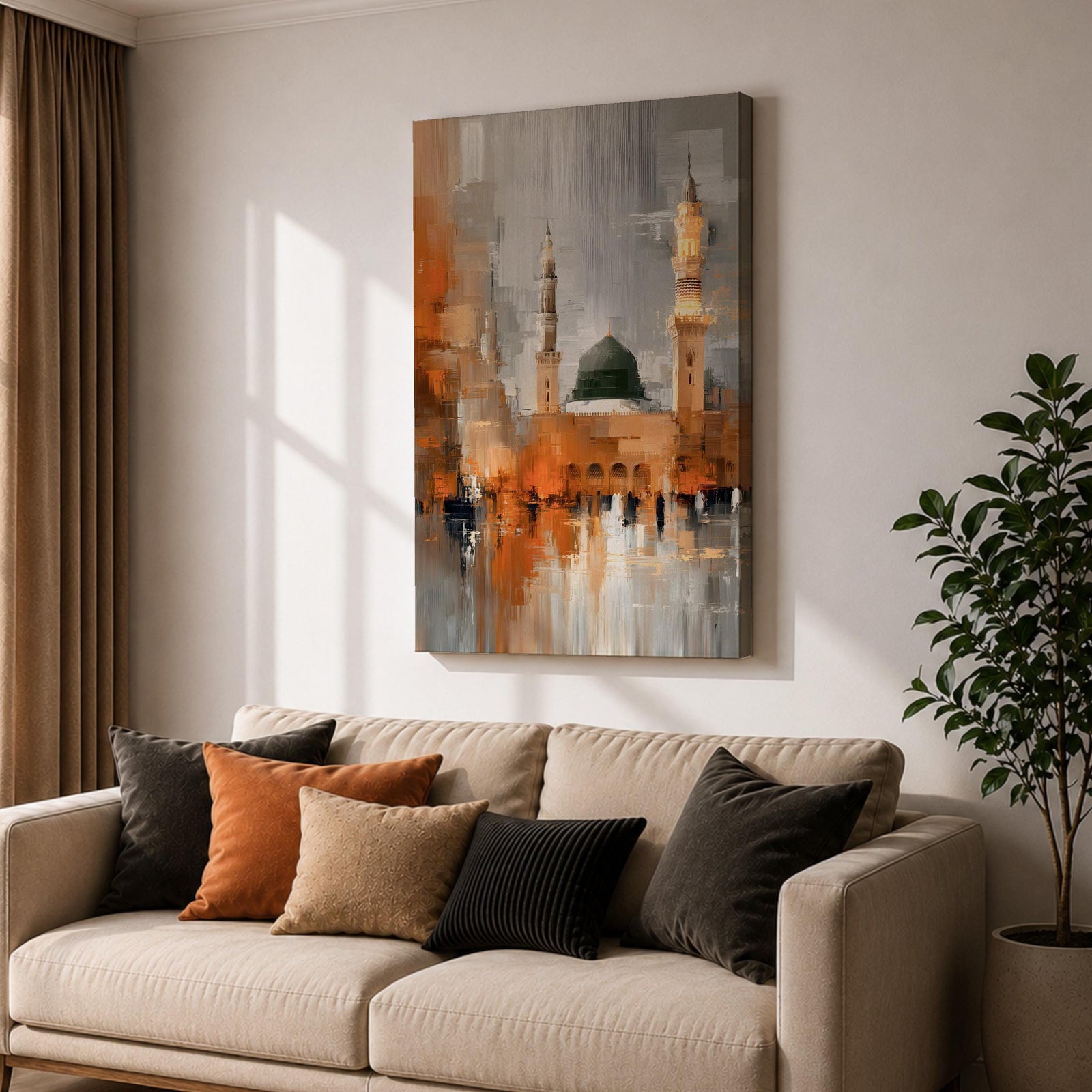 An abstract impressionistic painting of Al Masjid Nabawi in Madinah, featuring the iconic green dome and tall minarets rising above a reflective courtyard, rendered with textured brushstrokes and blended tones of gold, gray, and white, capturing movement, light, and architectural form in a modern expressive style.
