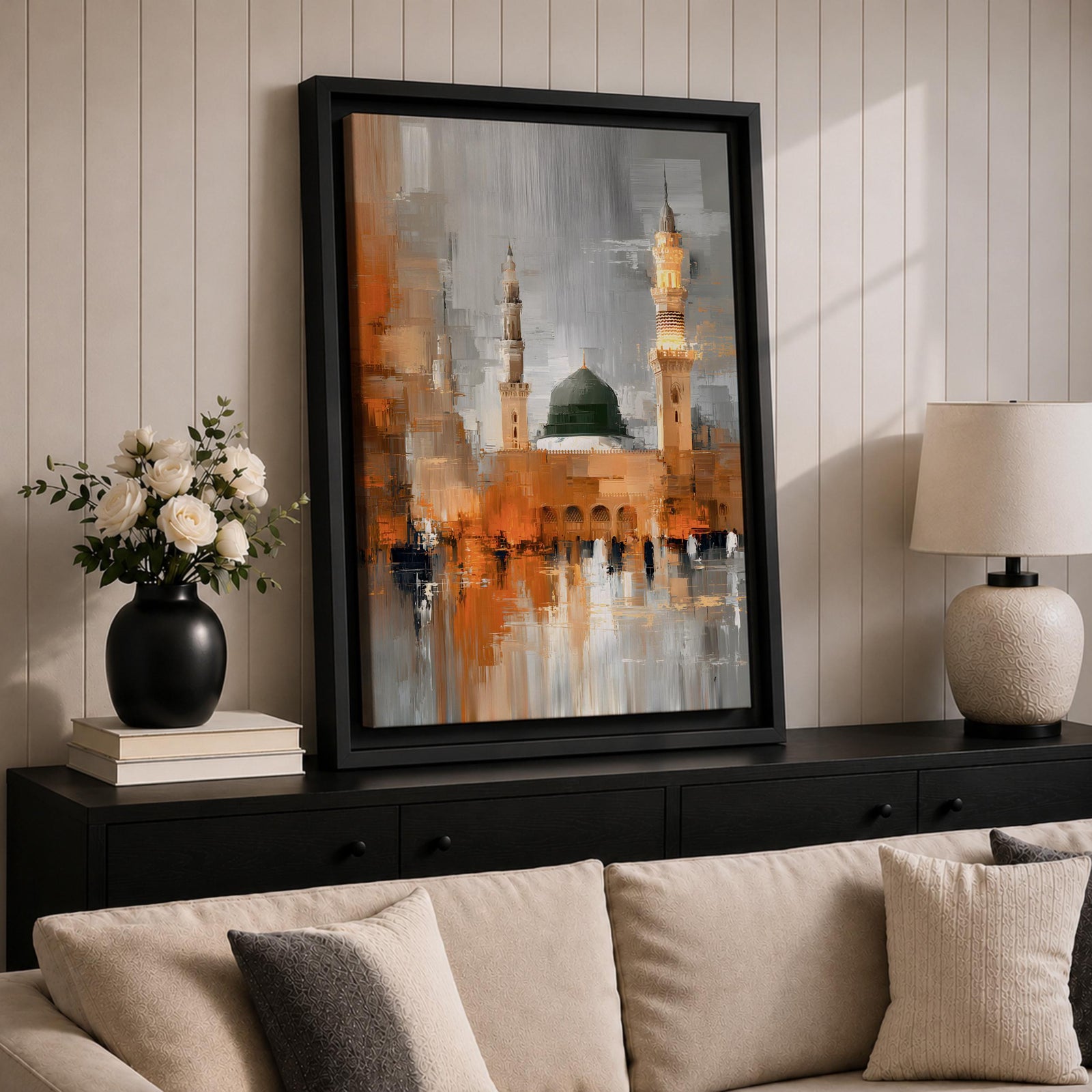 An abstract impressionistic painting of Al Masjid Nabawi in Madinah, featuring the iconic green dome and tall minarets rising above a reflective courtyard, rendered with textured brushstrokes and blended tones of gold, gray, and white, capturing movement, light, and architectural form in a modern expressive style.