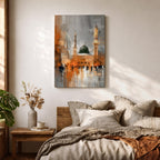 An abstract impressionistic painting of Al Masjid Nabawi in Madinah, featuring the iconic green dome and tall minarets rising above a reflective courtyard, rendered with textured brushstrokes and blended tones of gold, gray, and white, capturing movement, light, and architectural form in a modern expressive style.