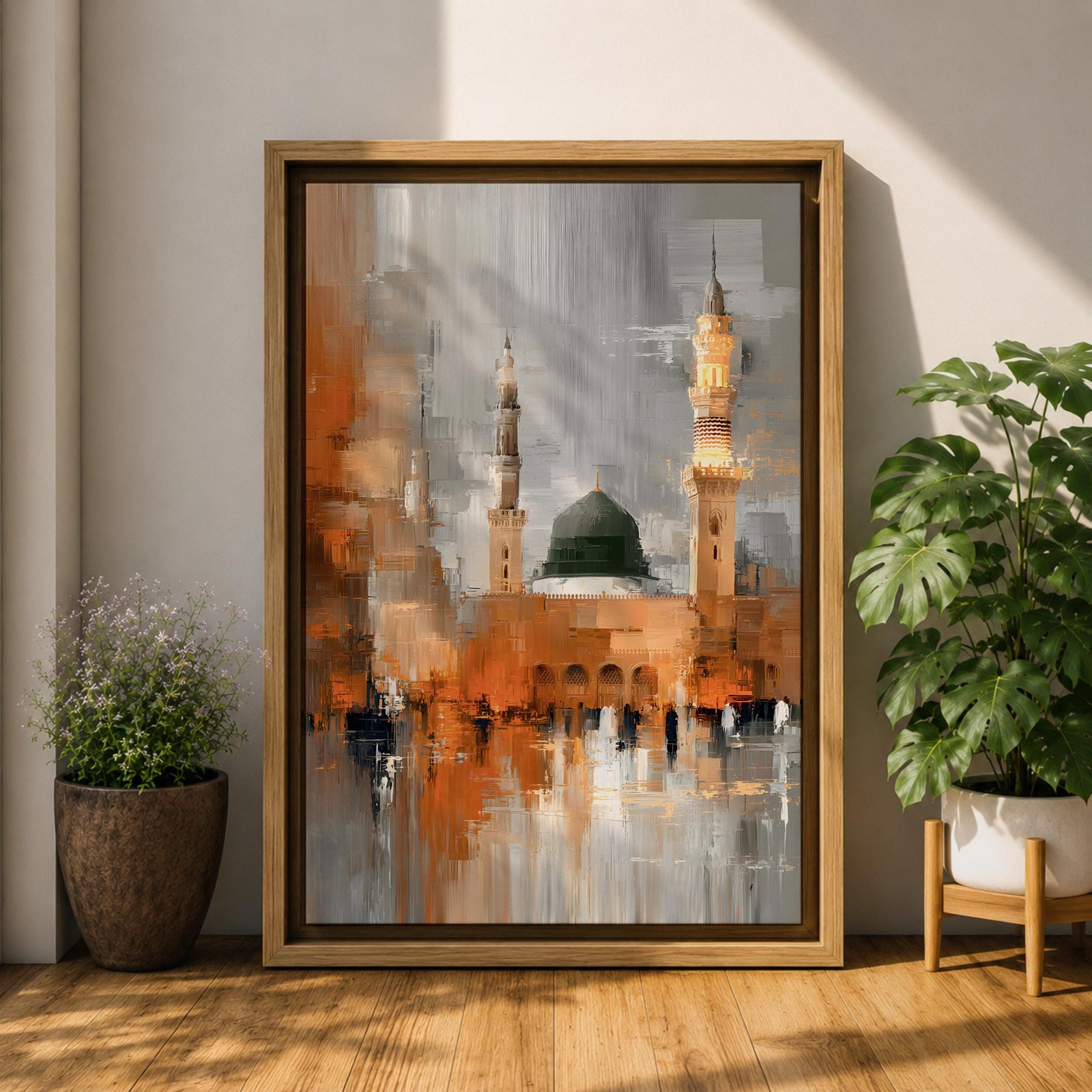 An abstract impressionistic painting of Al Masjid Nabawi in Madinah, featuring the iconic green dome and tall minarets rising above a reflective courtyard, rendered with textured brushstrokes and blended tones of gold, gray, and white, capturing movement, light, and architectural form in a modern expressive style.