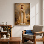 A detailed framed canvas painting of Our Lady of Fatima, depicting the Virgin Mary crowned and standing on clouds with hands in prayer, wearing a white and gold robe, rendered in a classic religious style with textured brushstrokes and a glowing background.