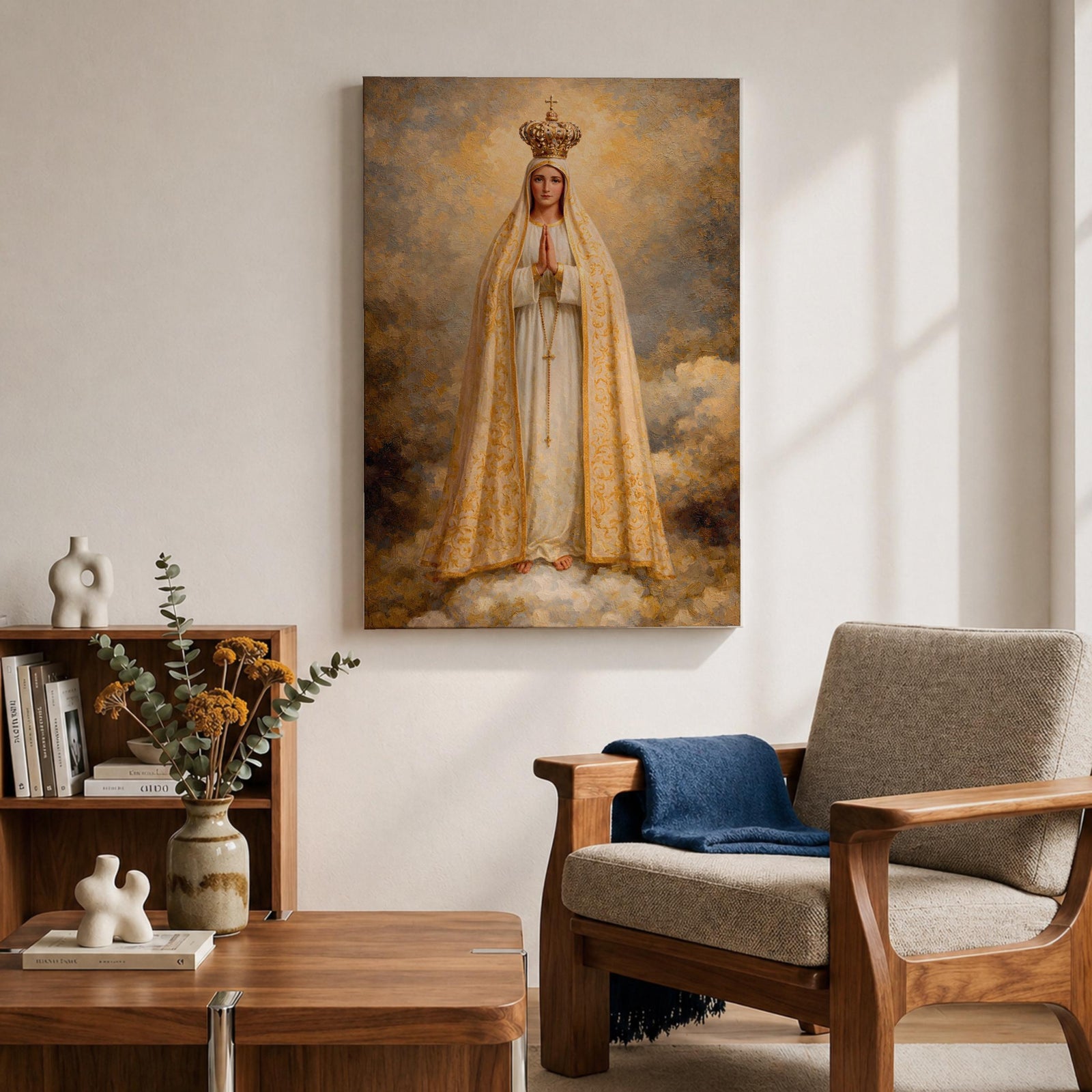 A detailed framed canvas painting of Our Lady of Fatima, depicting the Virgin Mary crowned and standing on clouds with hands in prayer, wearing a white and gold robe, rendered in a classic religious style with textured brushstrokes and a glowing background.