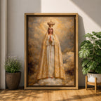 A detailed framed canvas painting of Our Lady of Fatima, depicting the Virgin Mary crowned and standing on clouds with hands in prayer, wearing a white and gold robe, rendered in a classic religious style with textured brushstrokes and a glowing background.