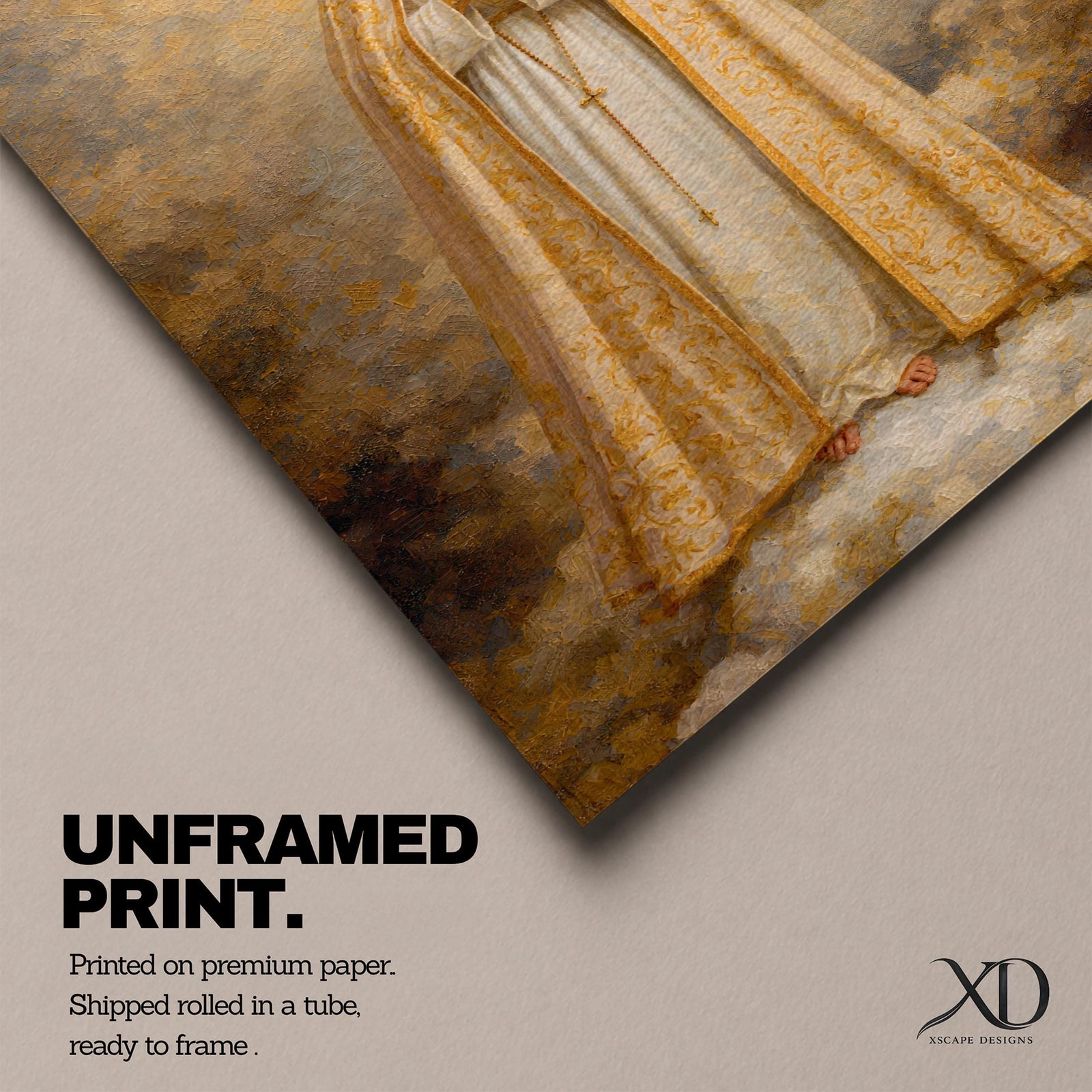 A detailed framed canvas painting of Our Lady of Fatima, depicting the Virgin Mary crowned and standing on clouds with hands in prayer, wearing a white and gold robe, rendered in a classic religious style with textured brushstrokes and a glowing background.