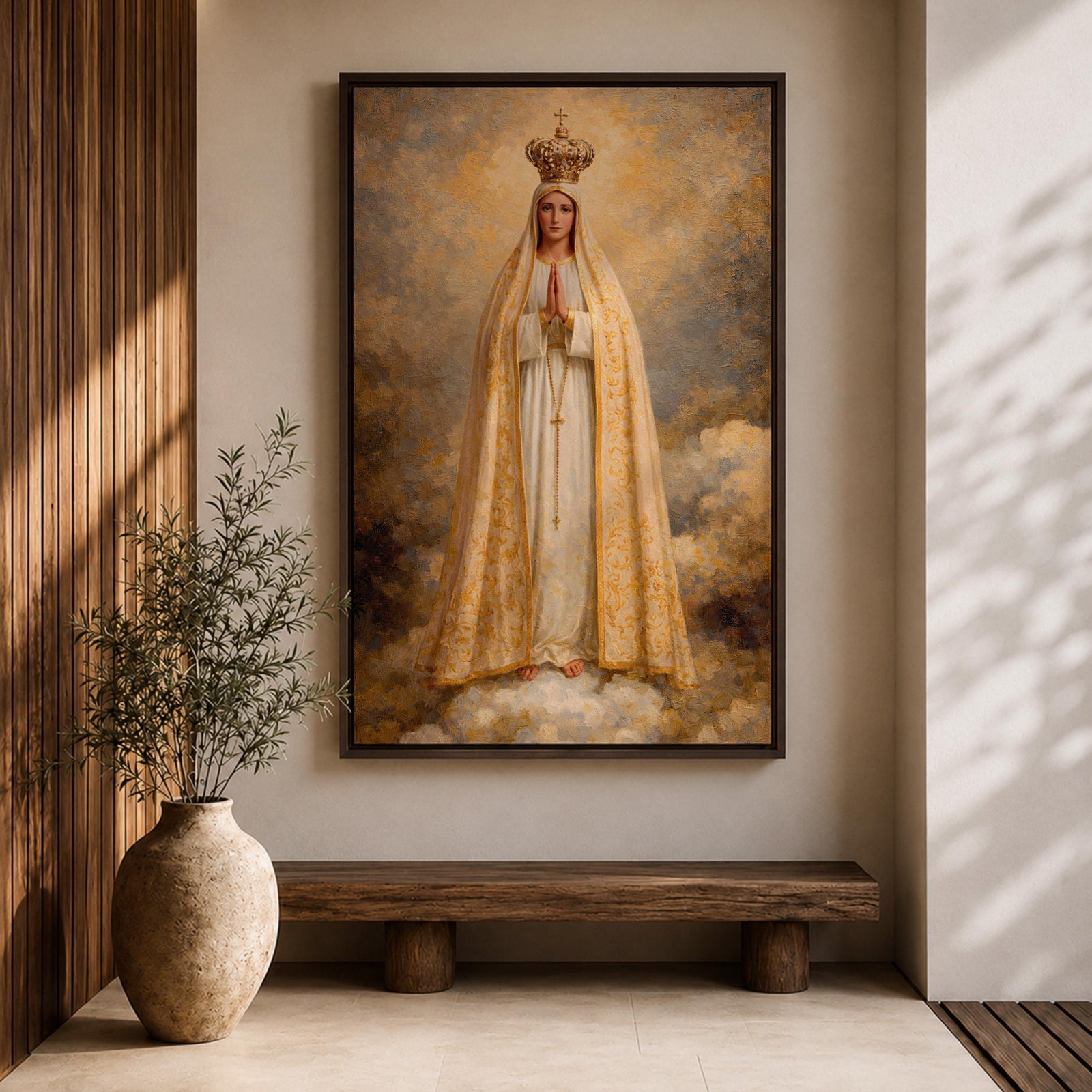 A detailed framed canvas painting of Our Lady of Fatima, depicting the Virgin Mary crowned and standing on clouds with hands in prayer, wearing a white and gold robe, rendered in a classic religious style with textured brushstrokes and a glowing background.