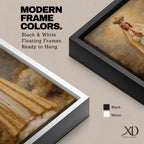 A detailed framed canvas painting of Our Lady of Fatima, depicting the Virgin Mary crowned and standing on clouds with hands in prayer, wearing a white and gold robe, rendered in a classic religious style with textured brushstrokes and a glowing background.