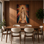 A mosaic-style framed canvas depicting the Sacred Heart of Jesus with radiant beams of light emanating from the heart. The figure is dressed in flowing robes with one hand raised in blessing and the other pointing to the glowing heart, set against a vibrant, colorful mosaic background.