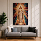 A mosaic-style framed canvas depicting the Sacred Heart of Jesus with radiant beams of light emanating from the heart. The figure is dressed in flowing robes with one hand raised in blessing and the other pointing to the glowing heart, set against a vibrant, colorful mosaic background.