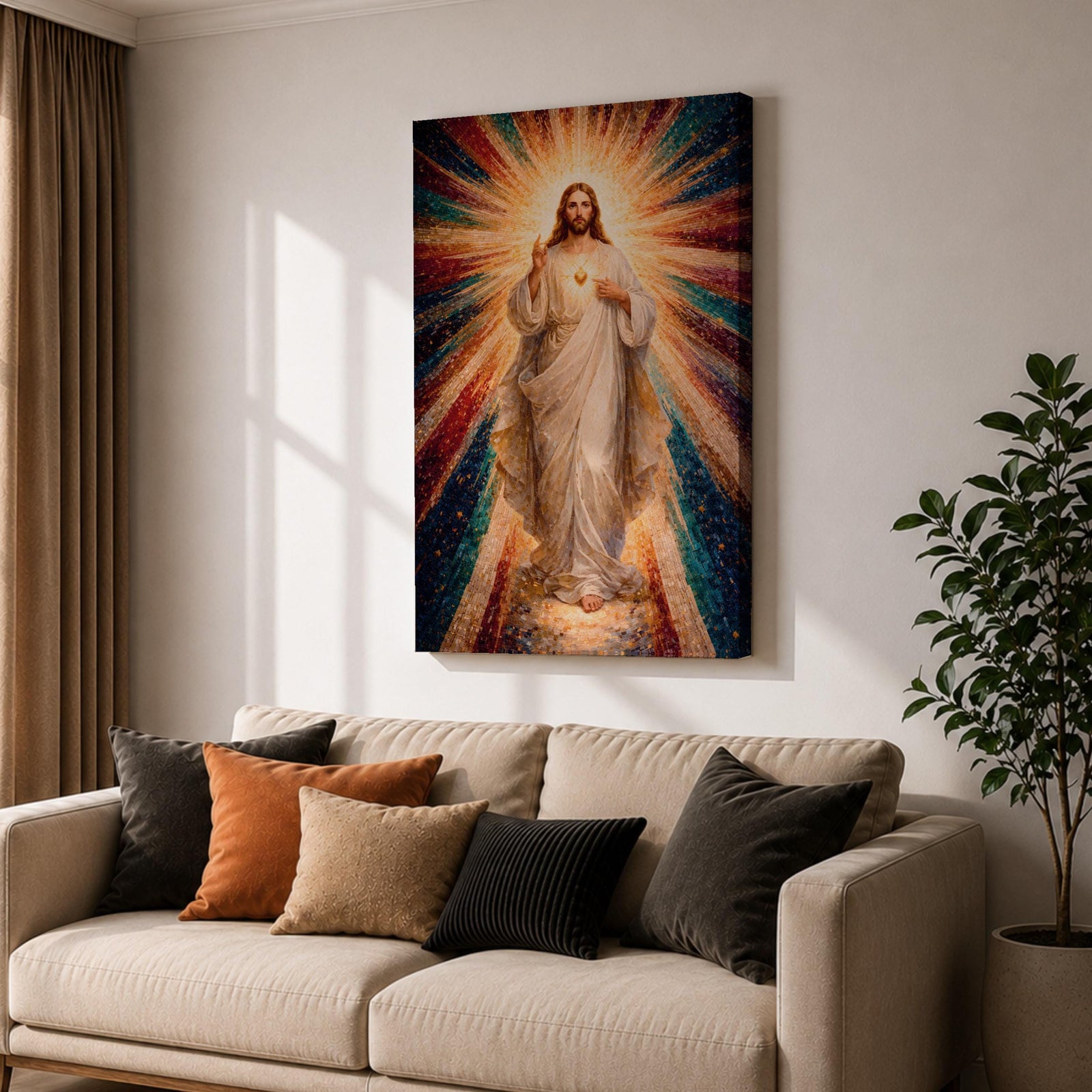 A mosaic-style framed canvas depicting the Sacred Heart of Jesus with radiant beams of light emanating from the heart. The figure is dressed in flowing robes with one hand raised in blessing and the other pointing to the glowing heart, set against a vibrant, colorful mosaic background.