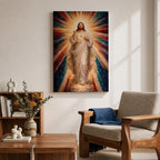 A mosaic-style framed canvas depicting the Sacred Heart of Jesus with radiant beams of light emanating from the heart. The figure is dressed in flowing robes with one hand raised in blessing and the other pointing to the glowing heart, set against a vibrant, colorful mosaic background.