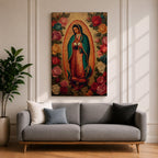 A vintage-style depiction of Our Lady of Guadalupe surrounded by vibrant roses, featuring the Virgin of Guadalupe in traditional robes with hands clasped in prayer, rendered on a framed canvas with detailed floral borders in a classic Catholic art style.