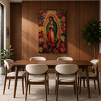 A vintage-style depiction of Our Lady of Guadalupe surrounded by vibrant roses, featuring the Virgin of Guadalupe in traditional robes with hands clasped in prayer, rendered on a framed canvas with detailed floral borders in a classic Catholic art style.