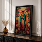 A vintage-style depiction of Our Lady of Guadalupe surrounded by vibrant roses, featuring the Virgin of Guadalupe in traditional robes with hands clasped in prayer, rendered on a framed canvas with detailed floral borders in a classic Catholic art style.