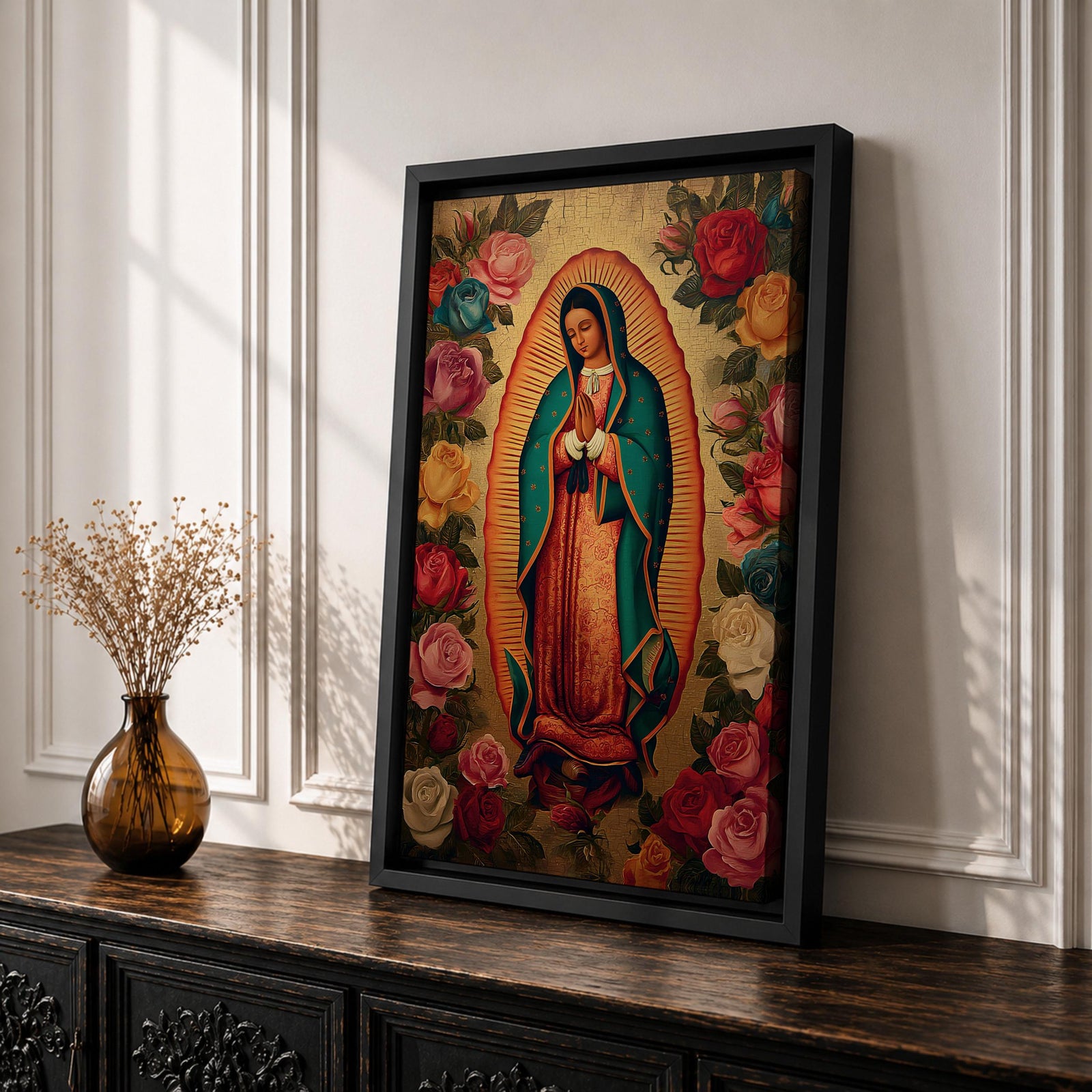 A vintage-style depiction of Our Lady of Guadalupe surrounded by vibrant roses, featuring the Virgin of Guadalupe in traditional robes with hands clasped in prayer, rendered on a framed canvas with detailed floral borders in a classic Catholic art style.