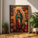 A vintage-style depiction of Our Lady of Guadalupe surrounded by vibrant roses, featuring the Virgin of Guadalupe in traditional robes with hands clasped in prayer, rendered on a framed canvas with detailed floral borders in a classic Catholic art style.