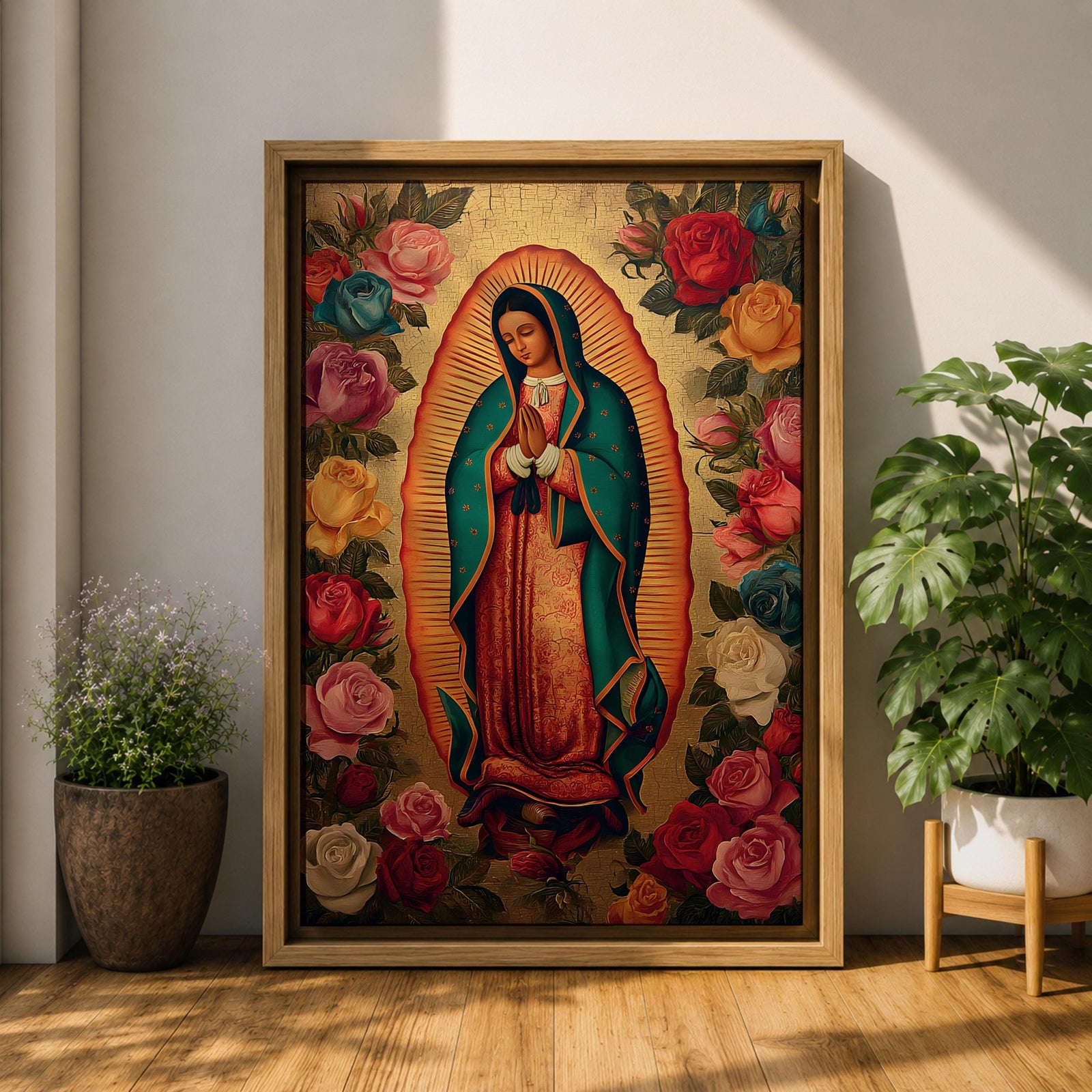 A vintage-style depiction of Our Lady of Guadalupe surrounded by vibrant roses, featuring the Virgin of Guadalupe in traditional robes with hands clasped in prayer, rendered on a framed canvas with detailed floral borders in a classic Catholic art style.
