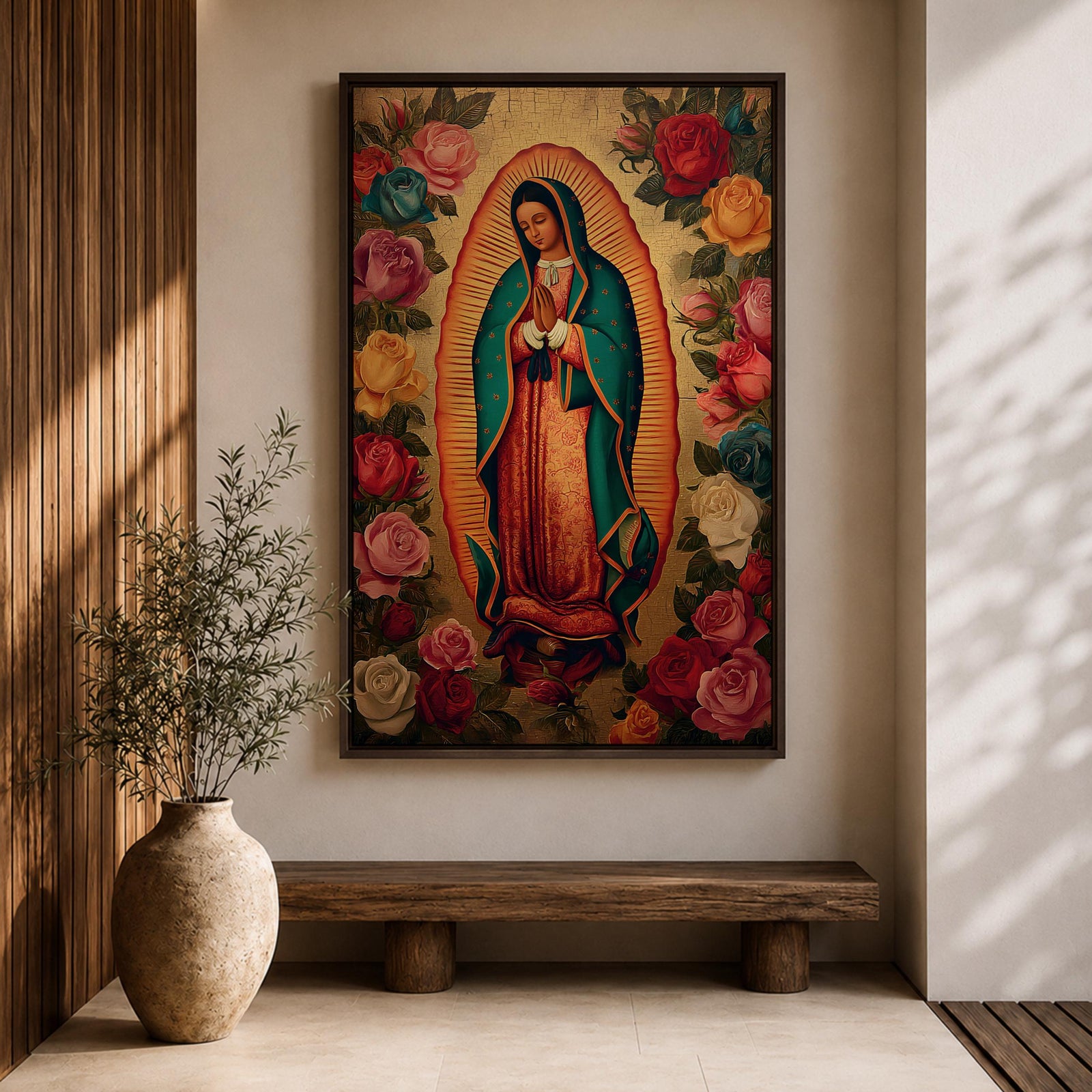 A vintage-style depiction of Our Lady of Guadalupe surrounded by vibrant roses, featuring the Virgin of Guadalupe in traditional robes with hands clasped in prayer, rendered on a framed canvas with detailed floral borders in a classic Catholic art style.