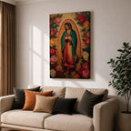 A vintage-style depiction of Our Lady of Guadalupe surrounded by vibrant roses, featuring the Virgin of Guadalupe in traditional robes with hands clasped in prayer, rendered on a framed canvas with detailed floral borders in a classic Catholic art style.