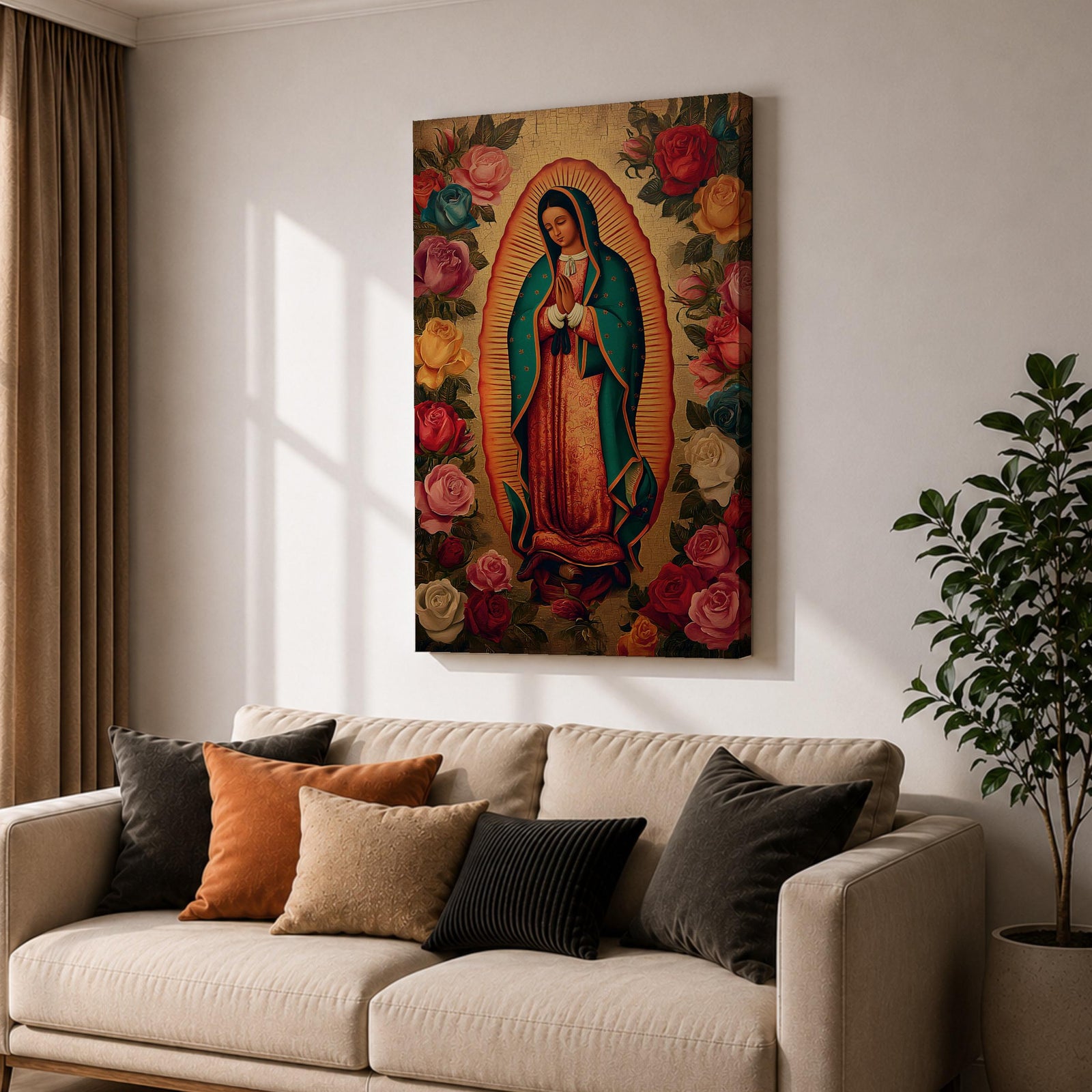 A vintage-style depiction of Our Lady of Guadalupe surrounded by vibrant roses, featuring the Virgin of Guadalupe in traditional robes with hands clasped in prayer, rendered on a framed canvas with detailed floral borders in a classic Catholic art style.