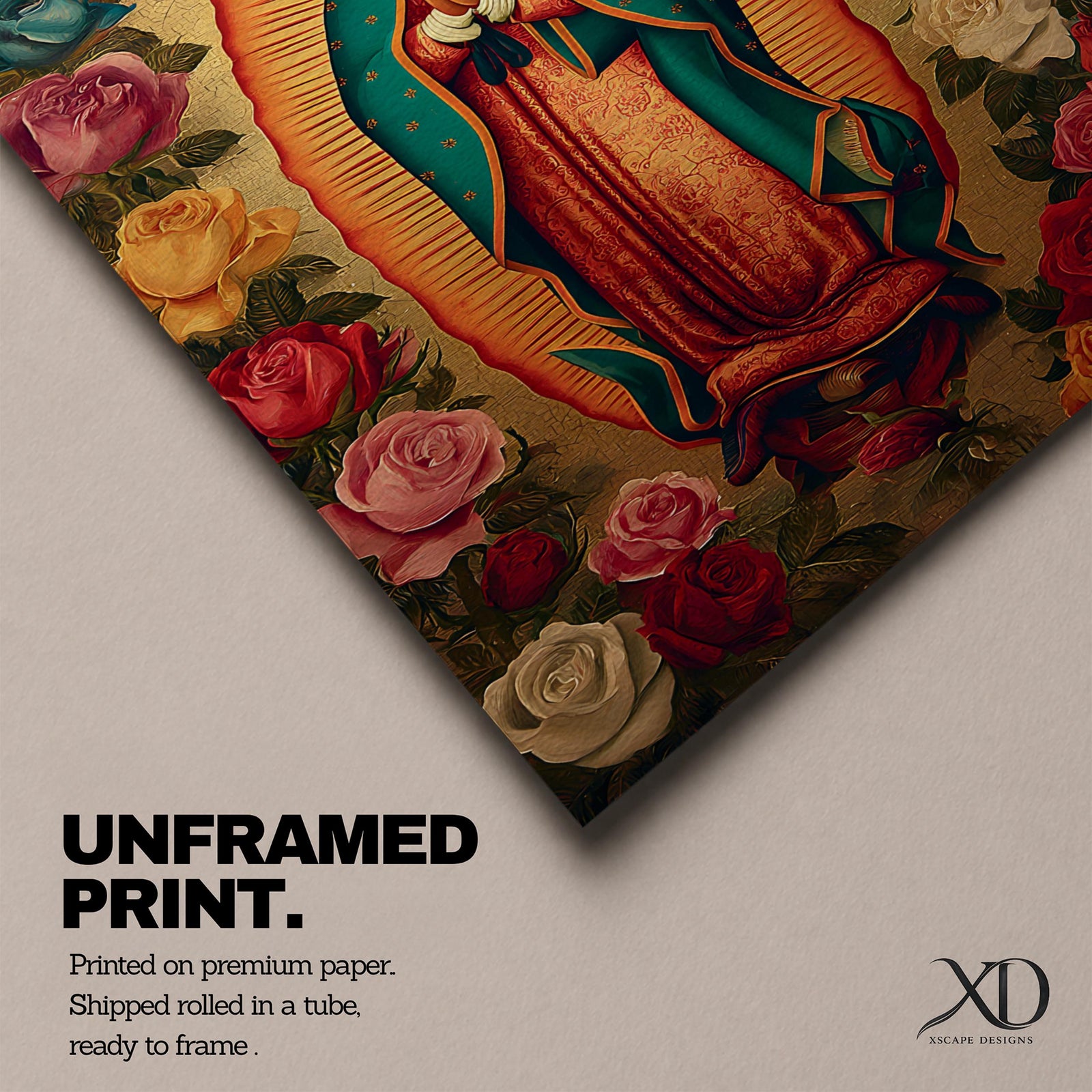 A vintage-style depiction of Our Lady of Guadalupe surrounded by vibrant roses, featuring the Virgin of Guadalupe in traditional robes with hands clasped in prayer, rendered on a framed canvas with detailed floral borders in a classic Catholic art style.