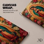 A vintage-style depiction of Our Lady of Guadalupe surrounded by vibrant roses, featuring the Virgin of Guadalupe in traditional robes with hands clasped in prayer, rendered on a framed canvas with detailed floral borders in a classic Catholic art style.