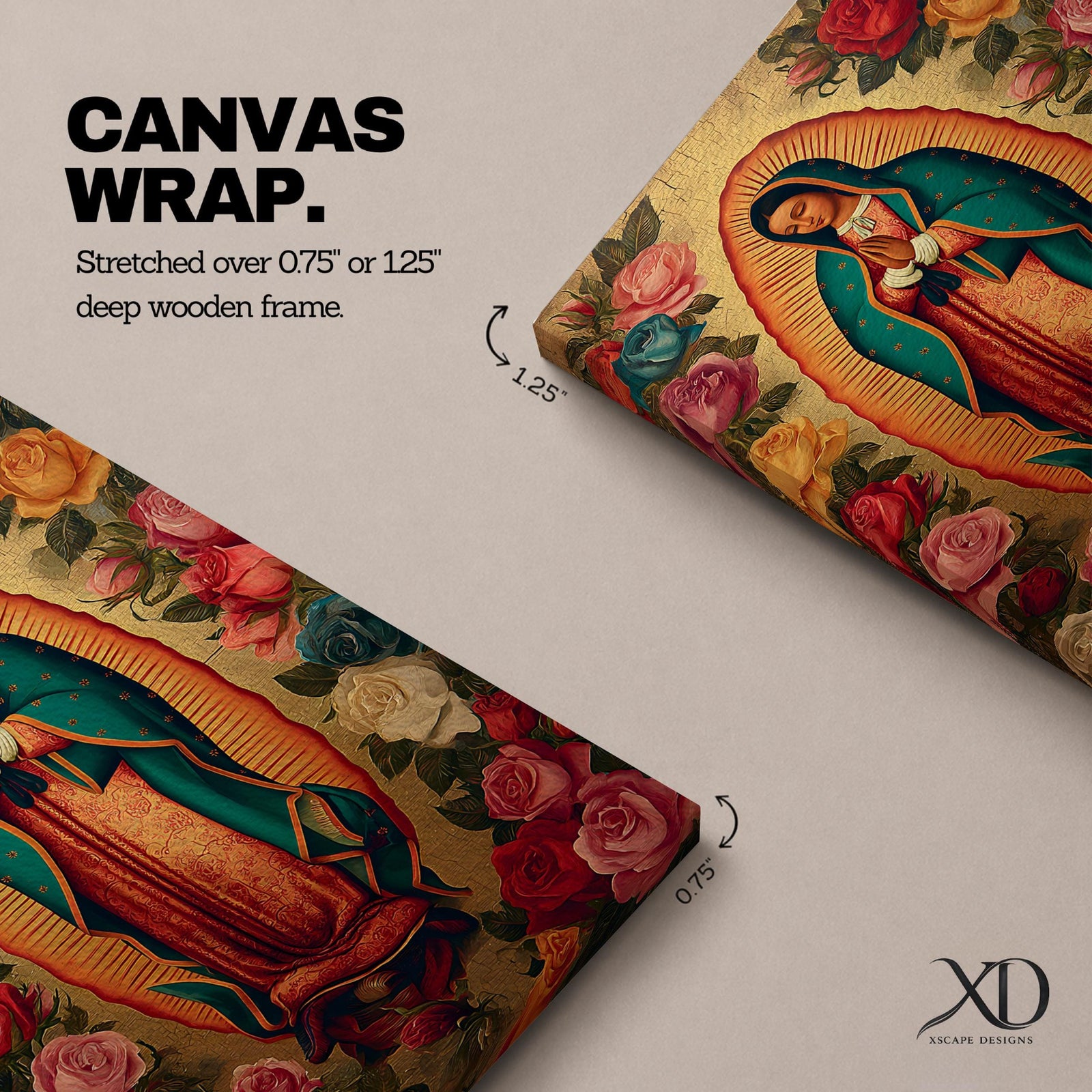 A vintage-style depiction of Our Lady of Guadalupe surrounded by vibrant roses, featuring the Virgin of Guadalupe in traditional robes with hands clasped in prayer, rendered on a framed canvas with detailed floral borders in a classic Catholic art style.