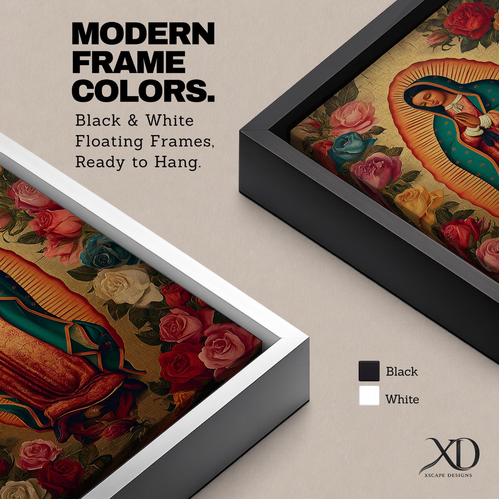 A vintage-style depiction of Our Lady of Guadalupe surrounded by vibrant roses, featuring the Virgin of Guadalupe in traditional robes with hands clasped in prayer, rendered on a framed canvas with detailed floral borders in a classic Catholic art style.