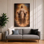 A detailed framed canvas artwork depicting Our Lady of Grace with outstretched arms, surrounded by a glowing halo and clouds, rendered in a classical realistic style emphasizing serene facial expression and flowing robes, symbolizing grace and compassion in religious art.