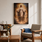 A detailed framed canvas artwork depicting Our Lady of Grace with outstretched arms, surrounded by a glowing halo and clouds, rendered in a classical realistic style emphasizing serene facial expression and flowing robes, symbolizing grace and compassion in religious art.