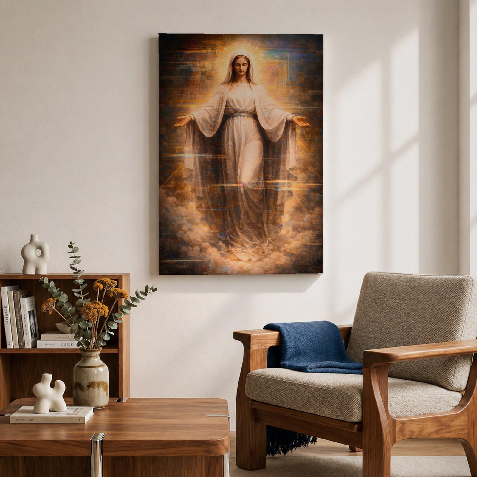 A detailed framed canvas artwork depicting Our Lady of Grace with outstretched arms, surrounded by a glowing halo and clouds, rendered in a classical realistic style emphasizing serene facial expression and flowing robes, symbolizing grace and compassion in religious art.