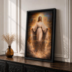 A detailed framed canvas artwork depicting Our Lady of Grace with outstretched arms, surrounded by a glowing halo and clouds, rendered in a classical realistic style emphasizing serene facial expression and flowing robes, symbolizing grace and compassion in religious art.
