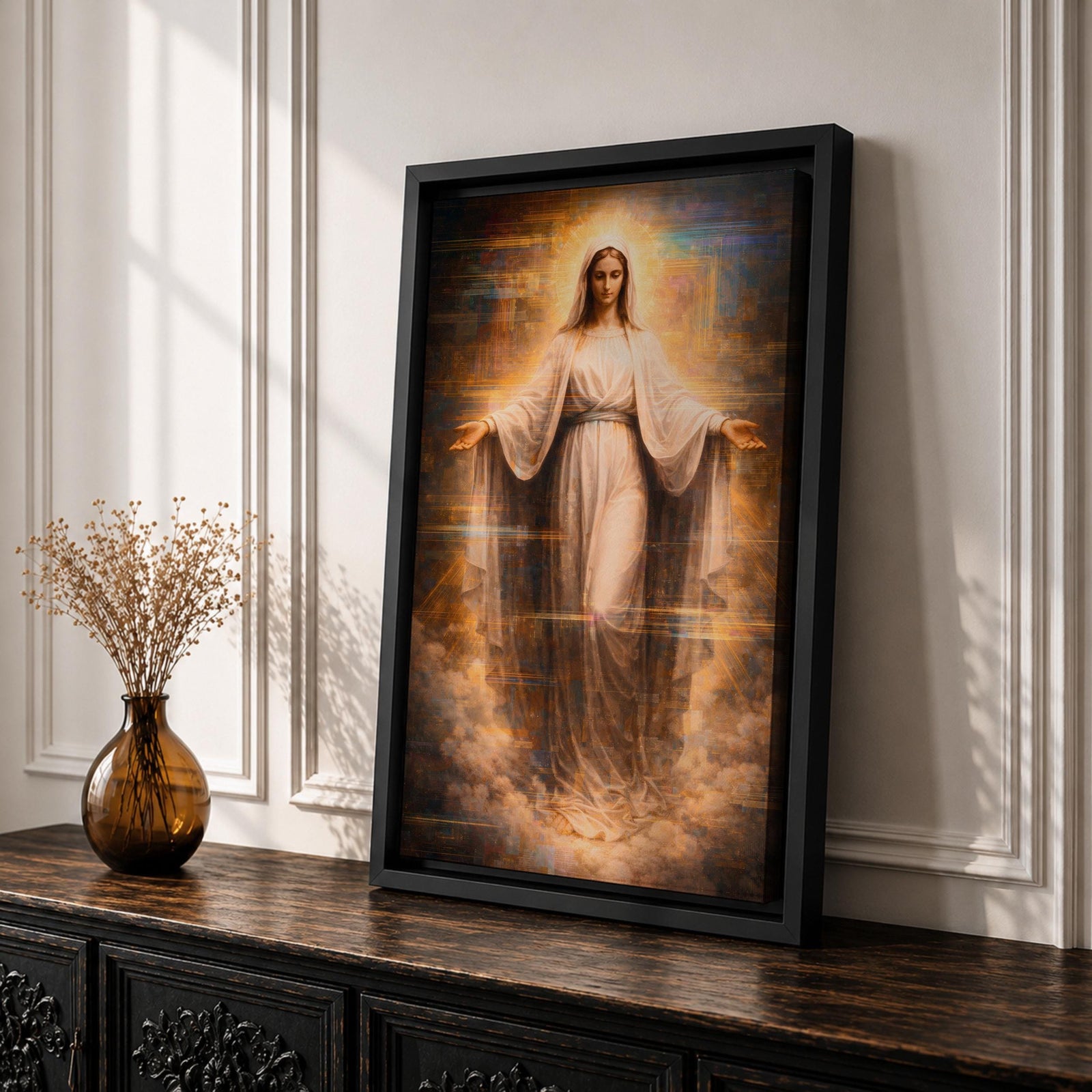 A detailed framed canvas artwork depicting Our Lady of Grace with outstretched arms, surrounded by a glowing halo and clouds, rendered in a classical realistic style emphasizing serene facial expression and flowing robes, symbolizing grace and compassion in religious art.