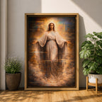 A detailed framed canvas artwork depicting Our Lady of Grace with outstretched arms, surrounded by a glowing halo and clouds, rendered in a classical realistic style emphasizing serene facial expression and flowing robes, symbolizing grace and compassion in religious art.