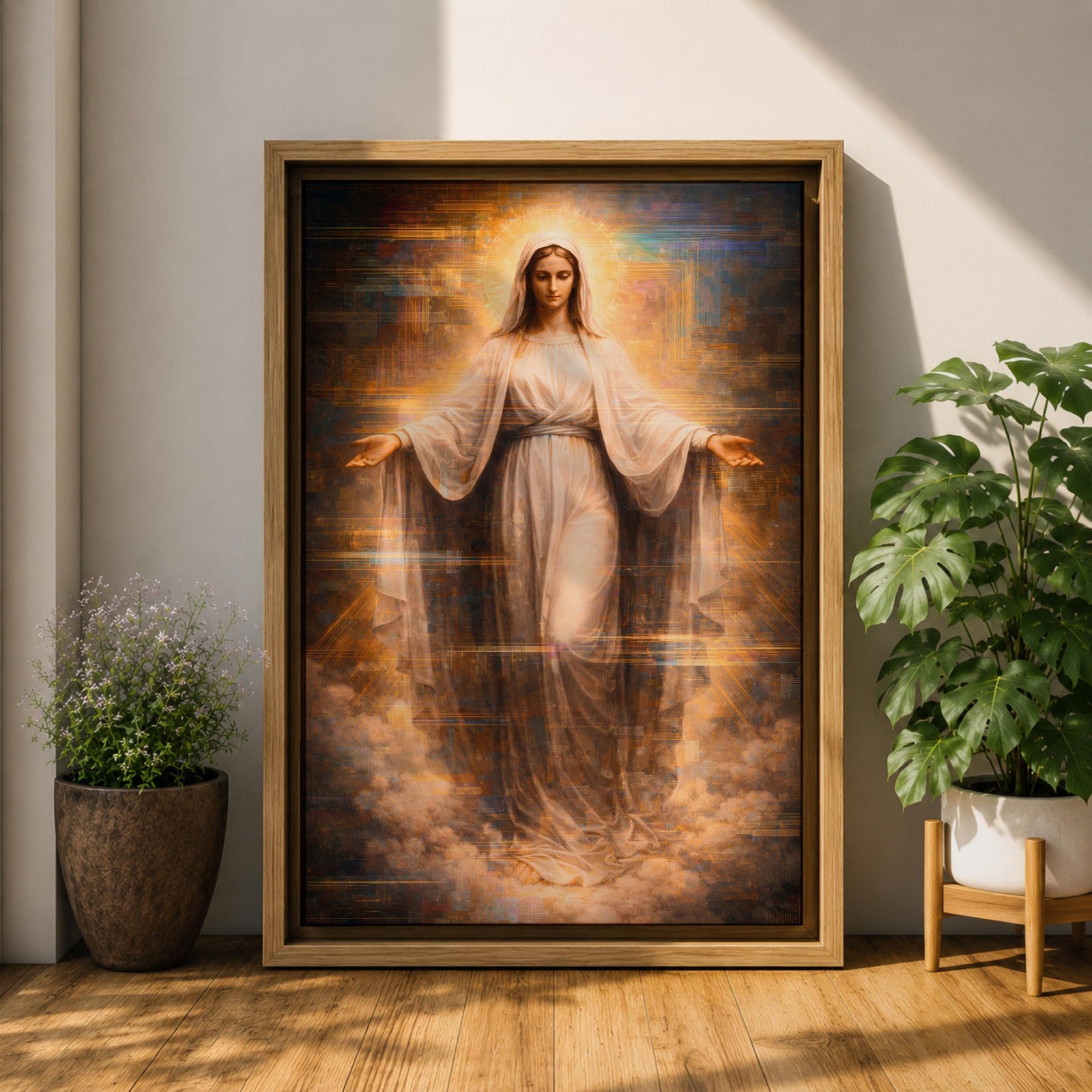 A detailed framed canvas artwork depicting Our Lady of Grace with outstretched arms, surrounded by a glowing halo and clouds, rendered in a classical realistic style emphasizing serene facial expression and flowing robes, symbolizing grace and compassion in religious art.
