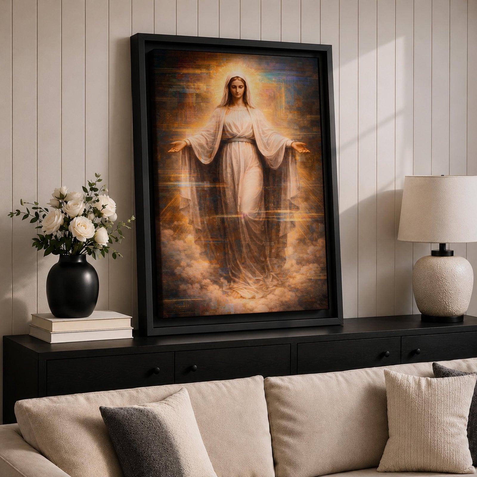 A detailed framed canvas artwork depicting Our Lady of Grace with outstretched arms, surrounded by a glowing halo and clouds, rendered in a classical realistic style emphasizing serene facial expression and flowing robes, symbolizing grace and compassion in religious art.