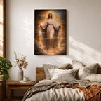 A detailed framed canvas artwork depicting Our Lady of Grace with outstretched arms, surrounded by a glowing halo and clouds, rendered in a classical realistic style emphasizing serene facial expression and flowing robes, symbolizing grace and compassion in religious art.