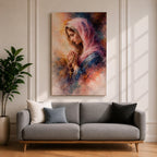 A watercolor style painting of the Virgin Mary wearing a pink hooded shawl, holding a rosary with a gold cross, her eyes closed in prayer, surrounded by soft, blended warm and cool colors creating a serene and contemplative atmosphere.