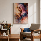 A watercolor style painting of the Virgin Mary wearing a pink hooded shawl, holding a rosary with a gold cross, her eyes closed in prayer, surrounded by soft, blended warm and cool colors creating a serene and contemplative atmosphere.