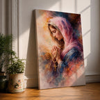 A watercolor style painting of the Virgin Mary wearing a pink hooded shawl, holding a rosary with a gold cross, her eyes closed in prayer, surrounded by soft, blended warm and cool colors creating a serene and contemplative atmosphere.